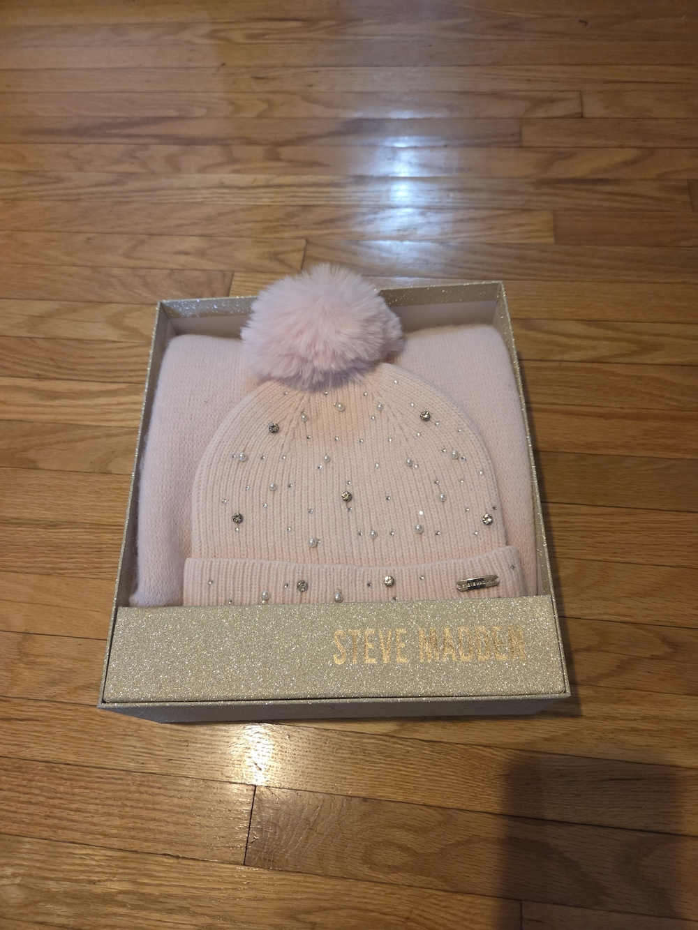 Steve Madden Pink Pom Beanie with Rhinestone Accents